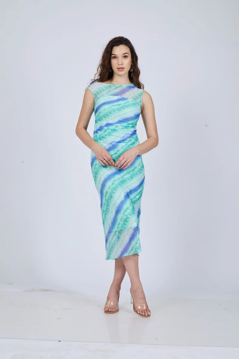 Blue Printed Off Shoulder Midi Dress